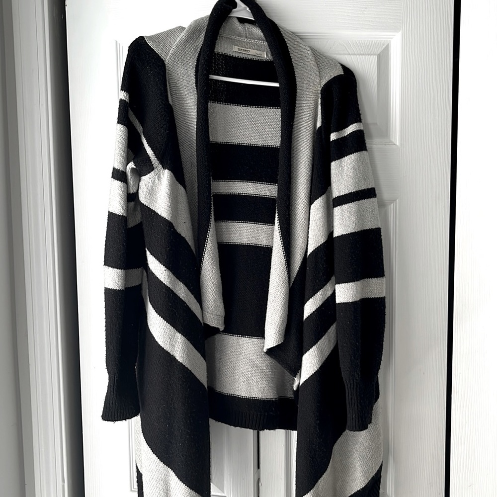 Black/grey stripped waffle waterfall open front cardigan